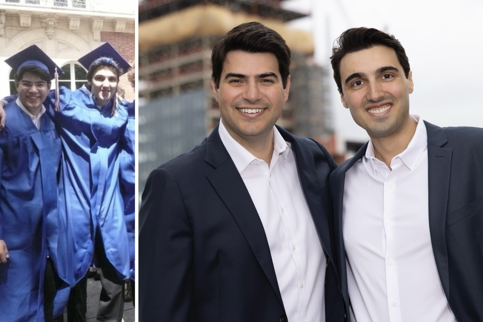 Philippe and Stamati at their high-school graduation in 2009, beside a recent photo of the two of them in front of a building under construction